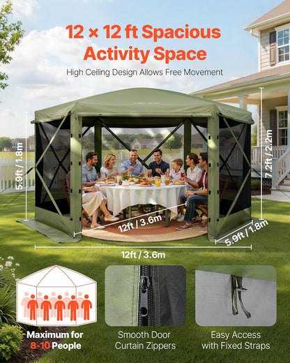 VEVOR Carpa Plegable de 6 Lados 3,6 x 3,6 m, Pérgola de Jardín con Techo Desmontable y Bolsa de Transporte, Carpa de Exterior para 8 a 10 Personas, para Fiesta, Camping, Playa, Patio, Jardín, Verde