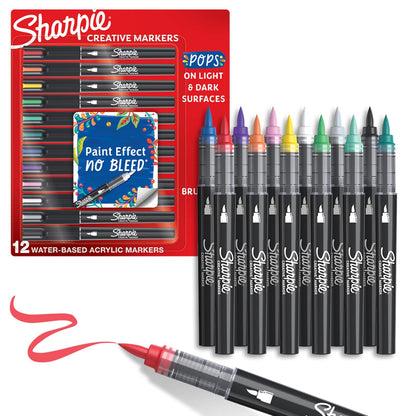 SHARPIE - Marcadores creativos, marcadores acrílicos a base de agua, punta de pincel, colores surtidos, 12 unidades