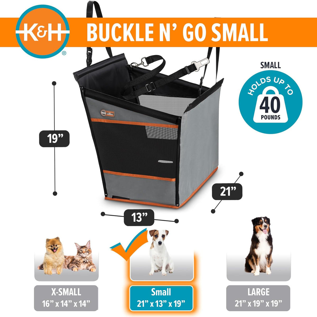 K&H Pet Products Hebilla N' Go Asiento de Automóvil para Mascotas, Gris, Small (21" x 13" x 19")