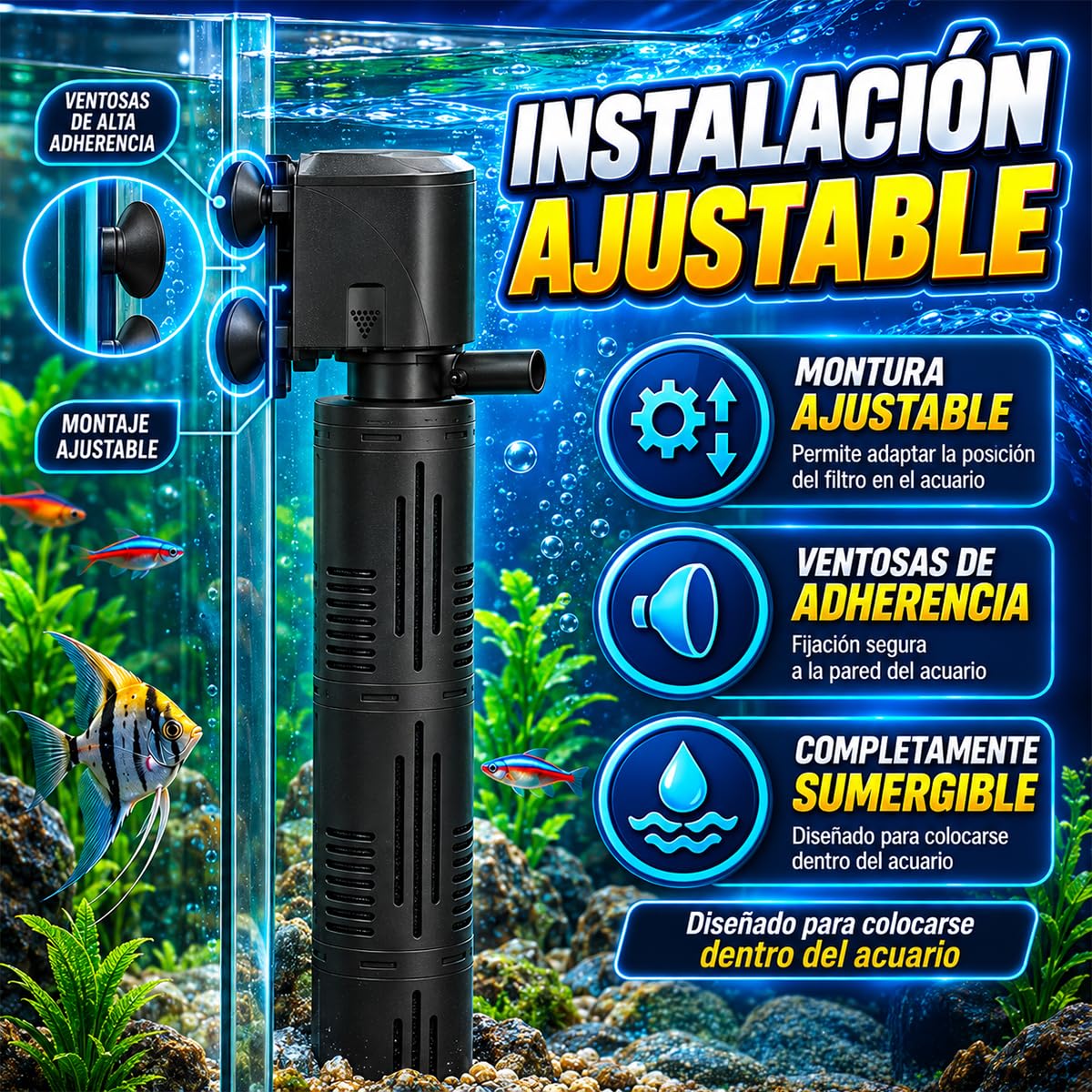Lomas Cabeza de Poder con Filtro Rápido AquaFlow 30 para Acuarios 300-500 L, Filtración Mecánica y Biológica, 1500 L/h, 19W, Sumergible