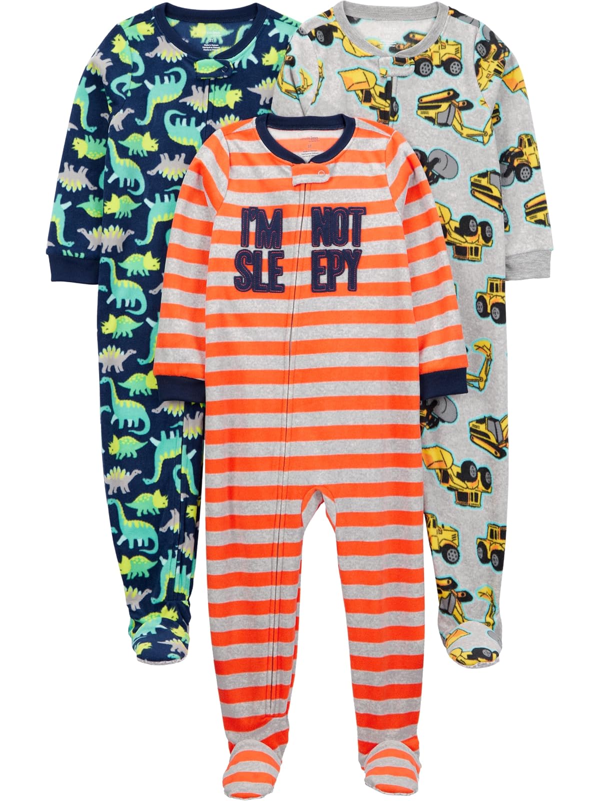 Simple Joys by Carter's pijama con pies, paquete de 3 - 12 Meses - Construcción gris - dinosaurio marino - rayas naranjas