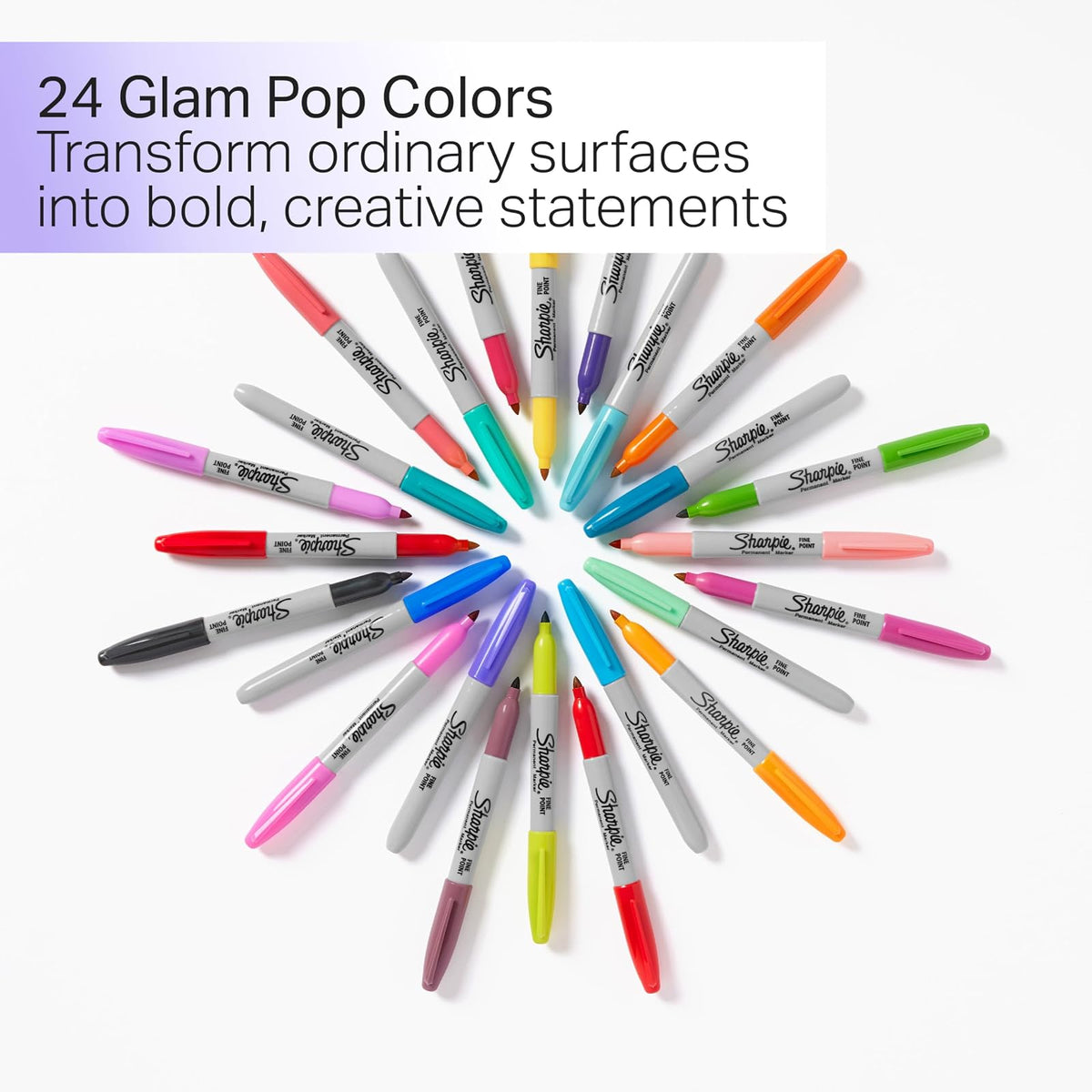Sharpie Marcadores Glam Pop, Marcadores Permanentes, Punta Fina, Colores Surtidos, 24 Piezas