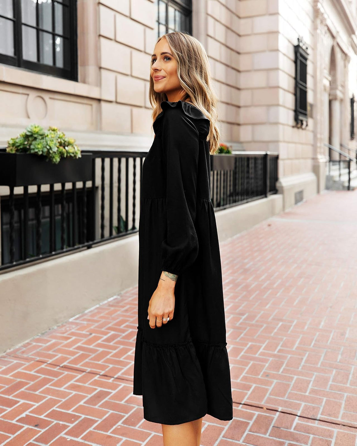 The Drop Vestido Midi Escalonado Para Mujer, con Vuelos en Los Hombros, Negro, por @fashion_jackson