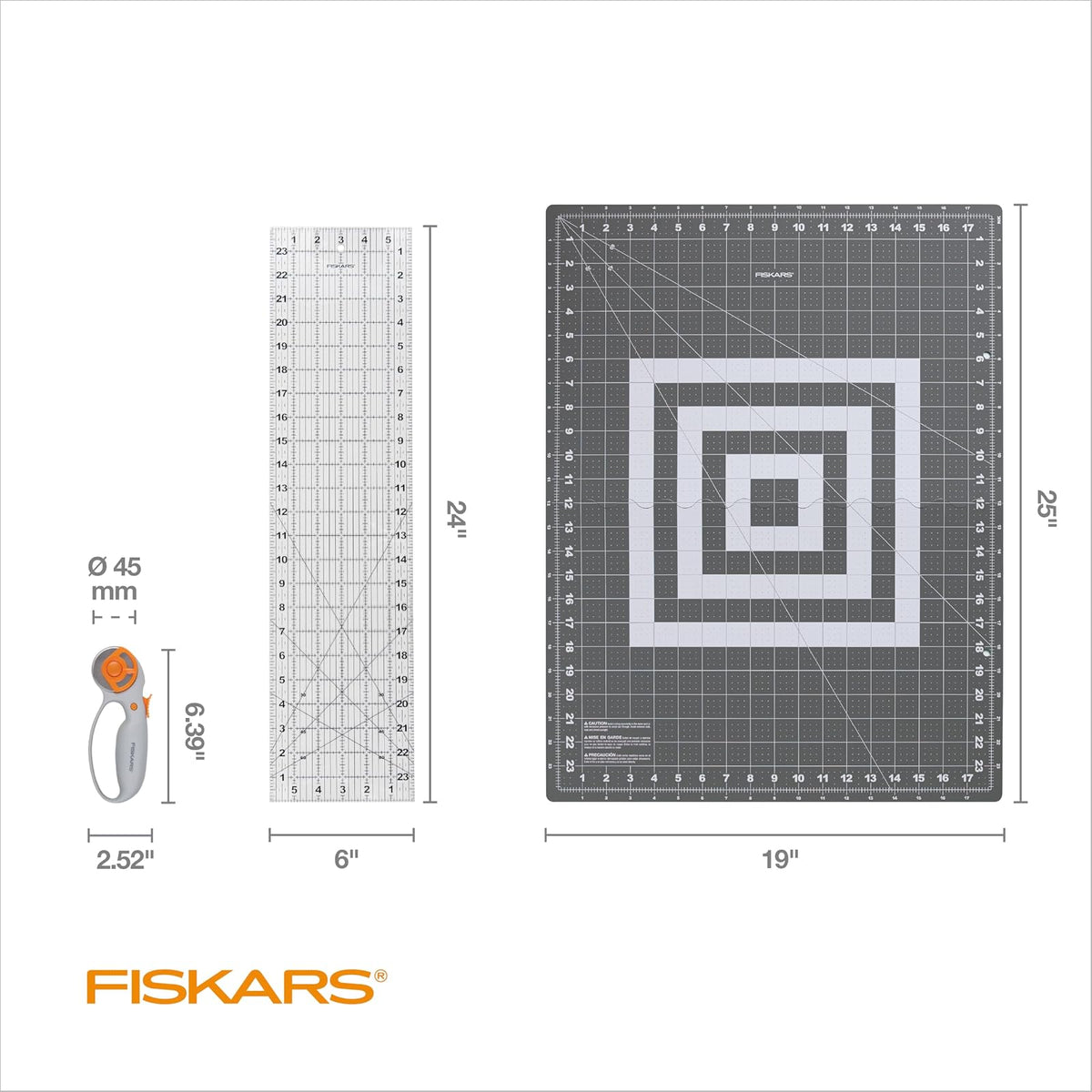 Fiskars - Juego de 3 piezas de cortador rotativo de hoja de 45 mm para tela, alfombrilla de corte auto curativa y regla de costura, suministros para manualidades, blanco/gris