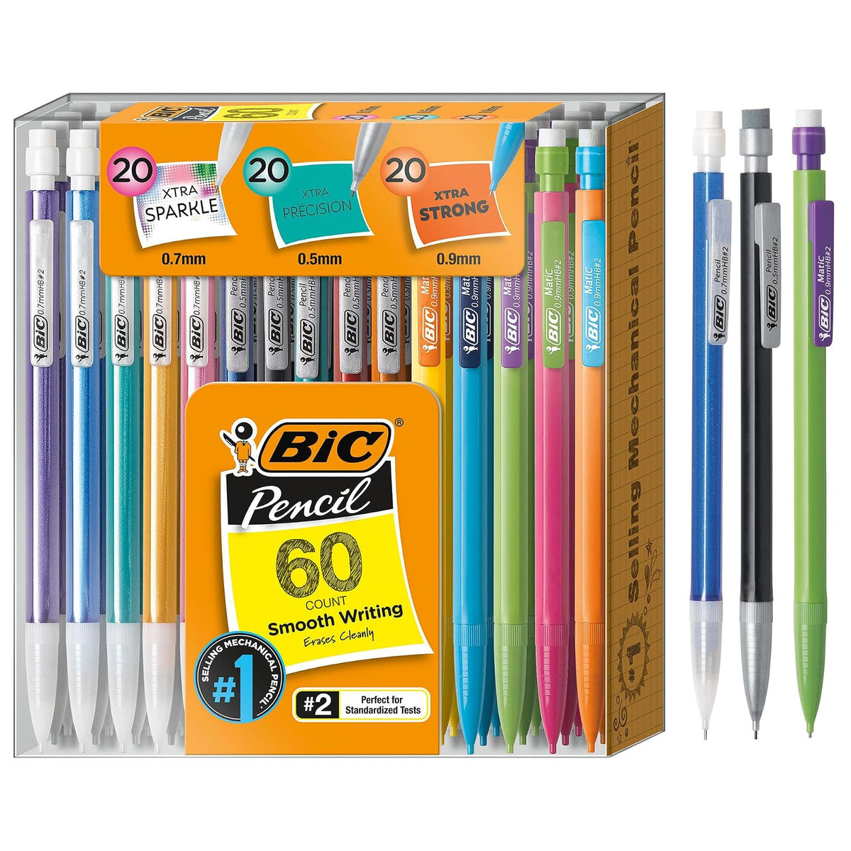 BIC Paquete variado de lápices mecánicos, tamaños surtidos, 0,5 mm, 0,7 mm, 0,9 mm, 60 unidades, diseño recargable para uso de larga duración
