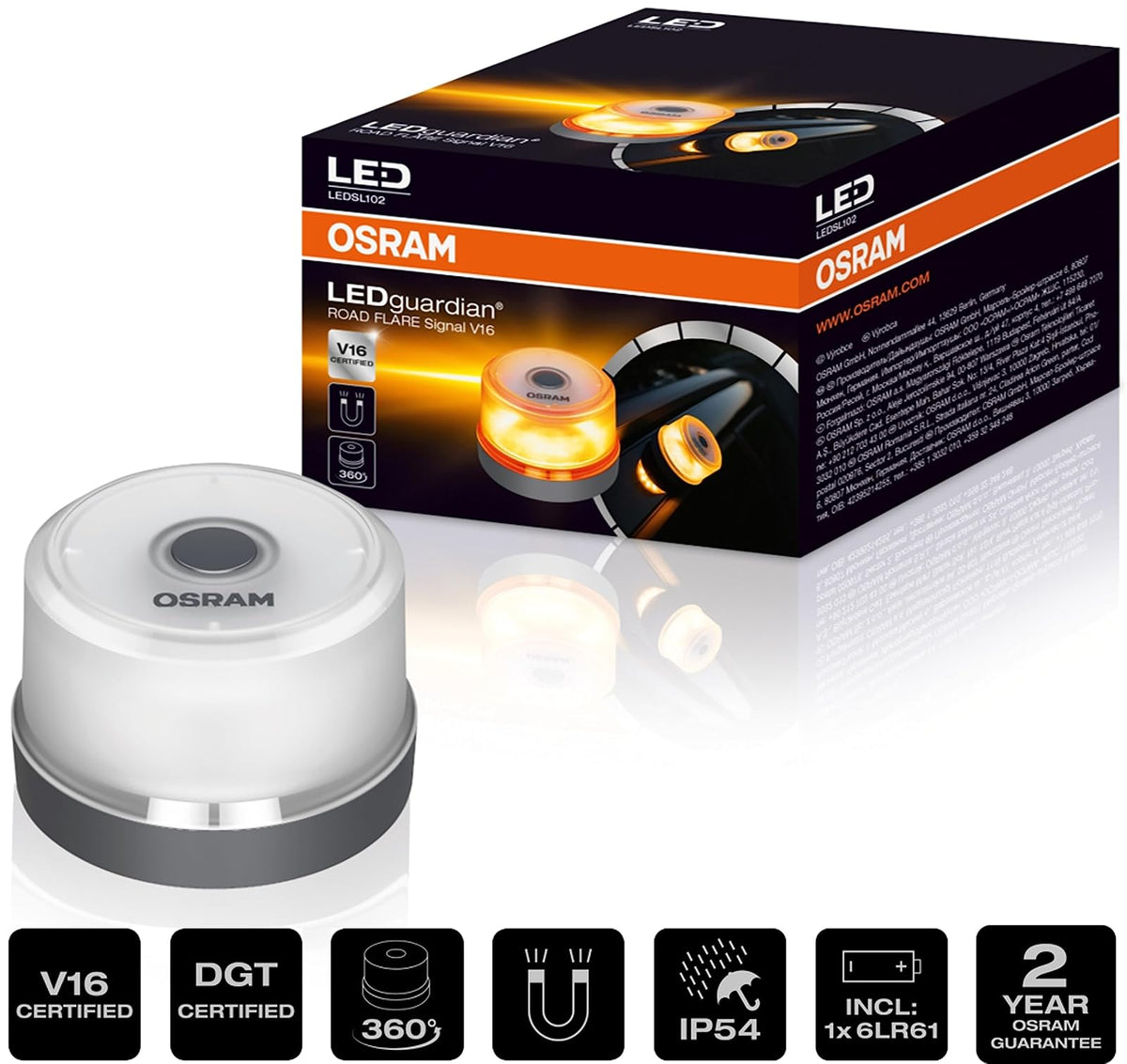 OSRAM LEDguardian Road Flare Señal V16 Luz de Emergencia para Automóviles, luz de avería, baliza de Emergencia para Automóvil, luz Redonda de Advertencia de Seguridad para vehículos y Motocicletas