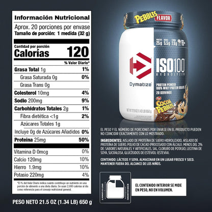 Dymatize ISO 100, Proteína Aislada de Suero Hidrolizada, Sabor Cocoa gourmet, 640 g, 25 g Proteína por Porción, Sin Gluten, 20 porciones