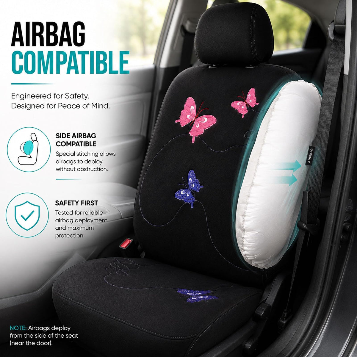 FH GROUP FB055114 Black Butterfly Embroidery Car Seat Cover (Full Set)