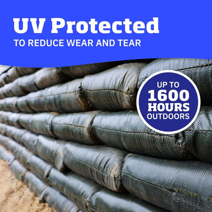 DURASACK Bolsas de arena resistentes con cuerdas de corbata, bolsas de arena de polipropileno tejidas vacías para control de inundaciones con 1600 horas de protección UV, capacidad de 50 libras, 14 x