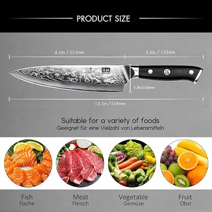 SHAN ZU Cuchillo de Cocina, 20cm Cuchillo Chef Japones Acero 67 Capas, Mango Material G10, Cuchillo Cocinero Profesional para Cortar Verdura, Fruta, Carne - PRO Series