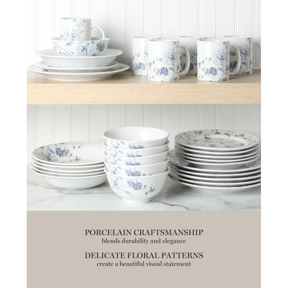 Martha Stewart Empress Bouquet - Juego de platos y cuencos de porcelana decorados - Floral azul, servicio para 6 (30 piezas)