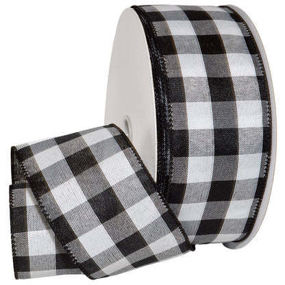 Morex Ribbon Cambridge Listón a Cuadros con Alambre, Blanco y Negro - 2.5" x 50 yd - Blanco - Negro