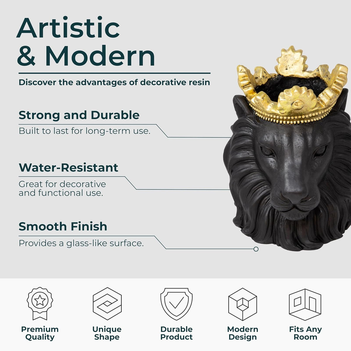 Sagebrook Home Maceta de Resina con Cabeza de león y Corona Dorada Maceta Decorativa de poliresina para el hogar y el jardín 9 x 7 x 9 Pulgadas Negra
