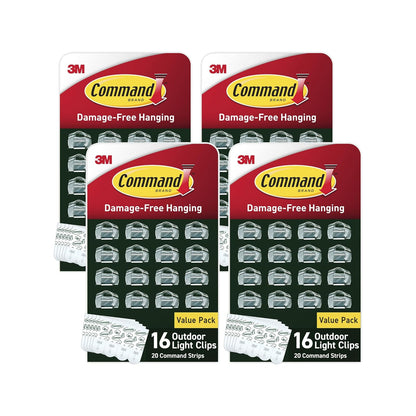 Command - Clips De Luz Para Exteriores, Paquete De 4, 16 Clips Transparentes Y 20 Tiras De Comando, Para Colgar Sin Daños Con Tiras Adhesivas, Para Pared Y Aire - 64 Clips - 64 clips - Clips
