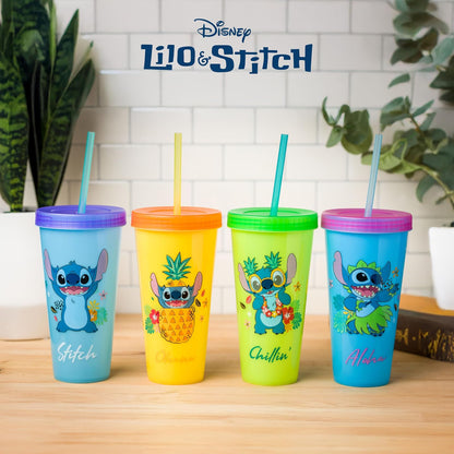 Silver Buffalo Disney Lilo and Stitch Tropical Poses Paquete de 4 vasos de plástico con cambio de color, 24 onzas