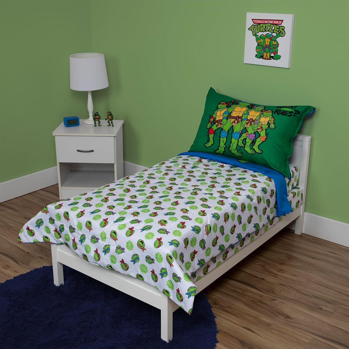 Juego de Ropa de Cama de 4 Piezas Teenage Mutant Ninja Turtles – Incluye edredón, Juego de sábanas, Ajustable + sábana Superior + Funda de Almohada Reversible para Cama de niños, Azul