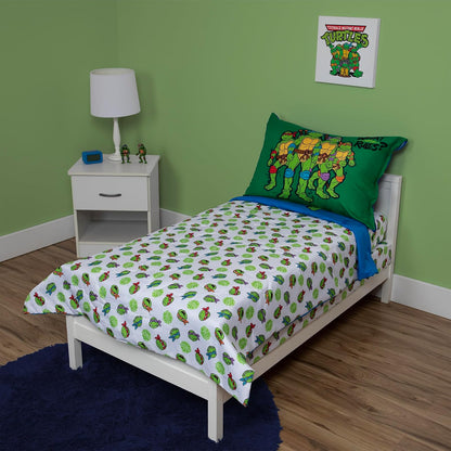 Juego de Ropa de Cama de 4 Piezas Teenage Mutant Ninja Turtles – Incluye edredón, Juego de sábanas, Ajustable + sábana Superior + Funda de Almohada Reversible para Cama de niños, Azul