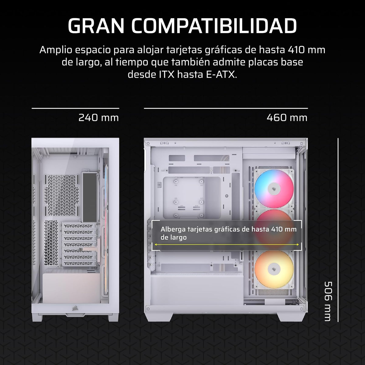 Corsair 3500X RS-R ARGB Caja de PC Semitorre – 3 Ventiladores RS120-R ARGB Preinstalados, Puede Incluir hasta 10 Ventiladores de 120mm, Compatible con Placa Base de Conexión Inversa – Blanco