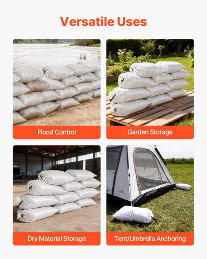 VEVOR Sacos de Arena Vacíos, con Cintas, Carga de 22,6 kg, de Polipropileno Tejido, Resistentes al Desgarro y a los Rayos UV para Barreras de Protección contra Inundaciones, 400 x 660 mm, 50 uds