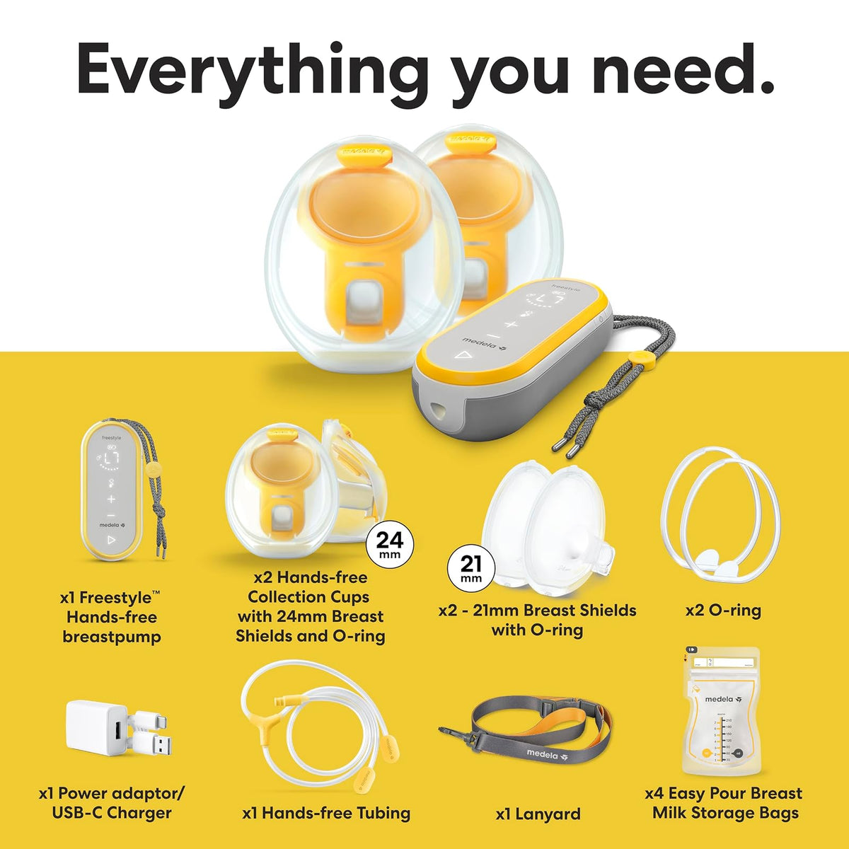 Medela Freestyle | Extractor de Leche Manos Libres | Eléctrico y Doble | Portátil y Discreto Bajo la Ropa | Carga USB | Amarillo
