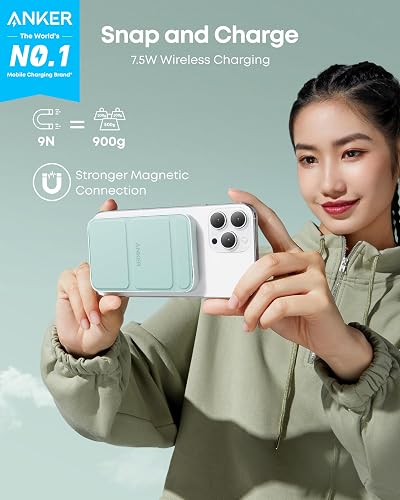Anker Power Bank 5000 mAh, Batería portátil magnética Plegable con Soporte y Puerto USB-C Lateral, Cargador inalámbrico Compatible con iPhone 17/16/15/14/13 Serie (Verde)