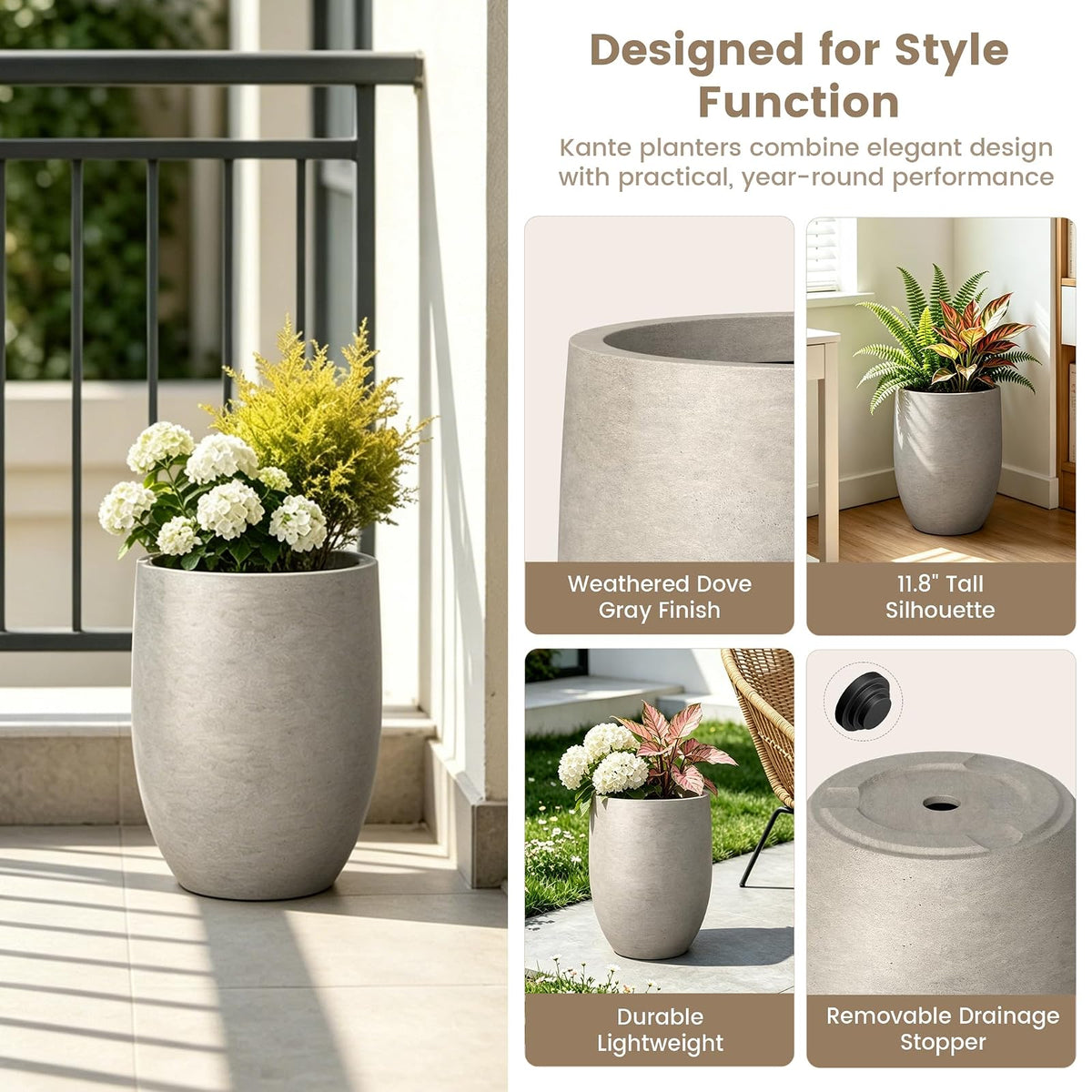 Kante Maceta de hormigón de 11.8 Pulgadas de Alto, Maceta Grande para Interiores y Exteriores con Drenaje, Acabado de hormigón Desgastado Suave con Interior Pintado, Ideal para Porche, hogar, jardín