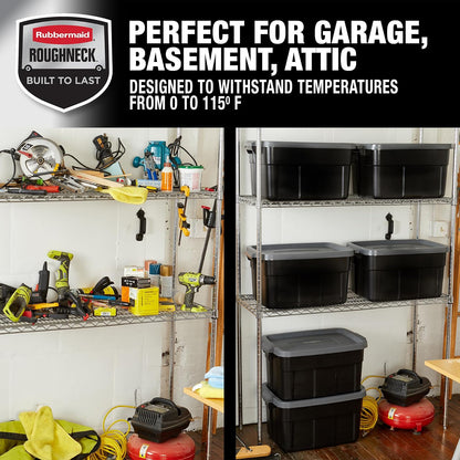 Rubbermaid - Contenedores de almacenamiento de plástico negro resistentes con tapas para almacenamiento, apilables, de gran capacidad, duraderos, multiusos, 14 galones, 6 unidades (14 galones, 6