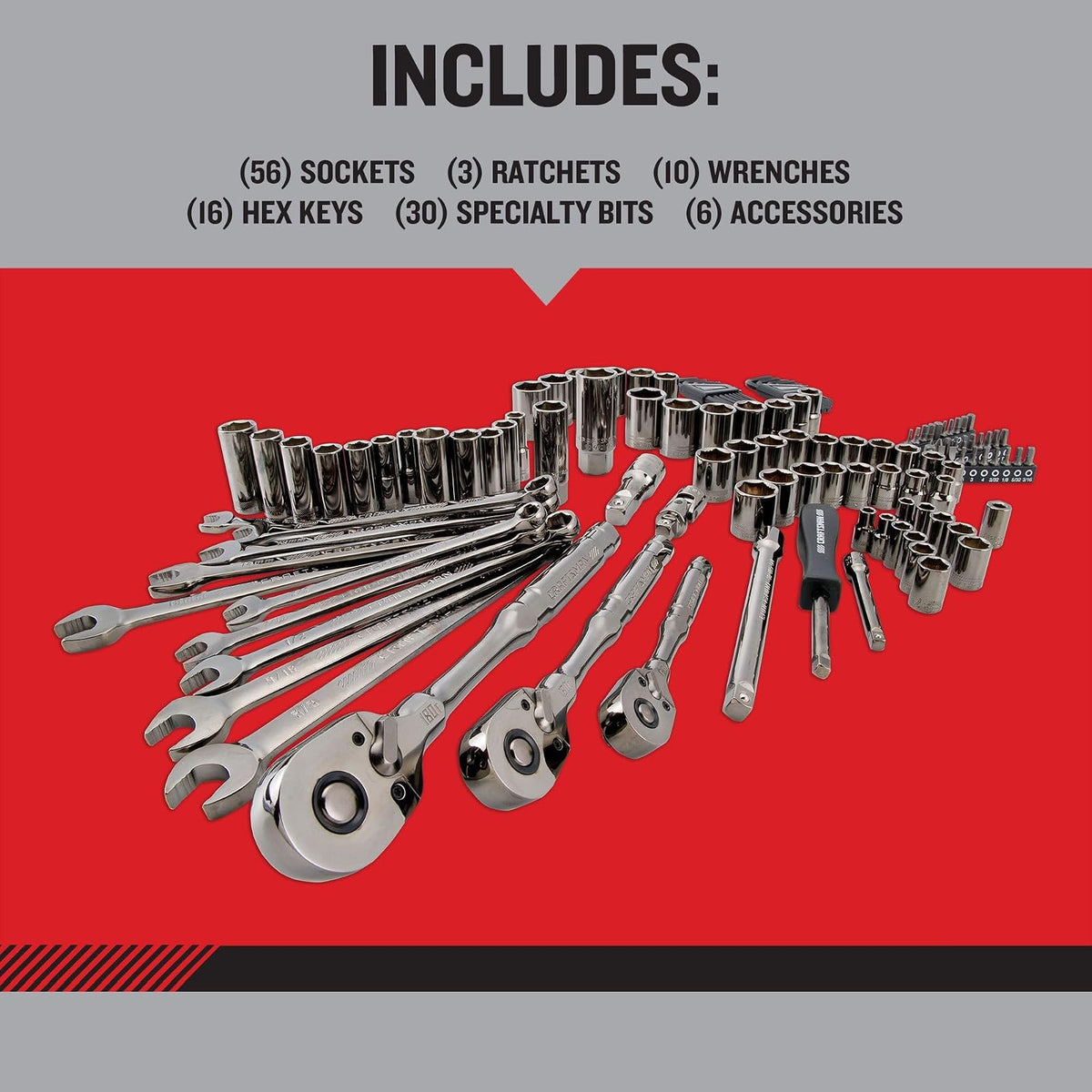 CRAFTSMAN OVERDRIVE Juego de herramientas mecánicas cromadas color pavonado de 121 piezas, estándar SAE/juego de dados métricos, con estuche rígido (CMMT99121L)