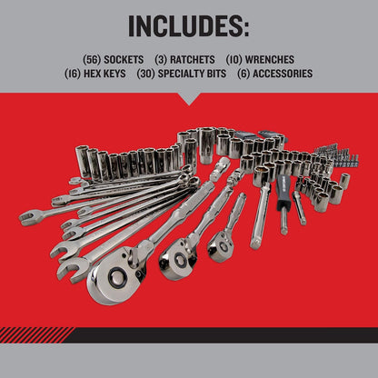 CRAFTSMAN OVERDRIVE Juego de herramientas mecánicas cromadas color pavonado de 121 piezas, estándar SAE/juego de dados métricos, con estuche rígido (CMMT99121L)