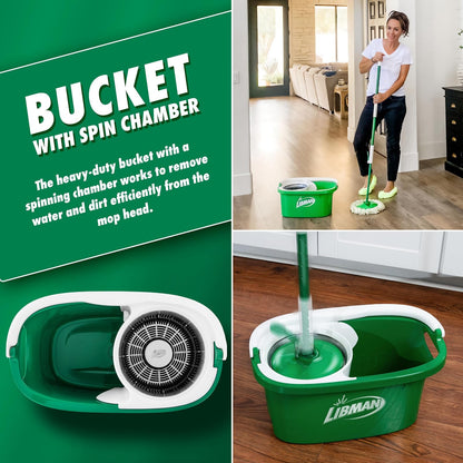 Libman Tornado - Sistema de trapeador giratoria con 3 Cabezales de Recarga, trapeador giratoria de Microfibra y cubeta con Juego de escurridor para el hogar, Limpieza de Suelos de Madera Dura, Laminado,