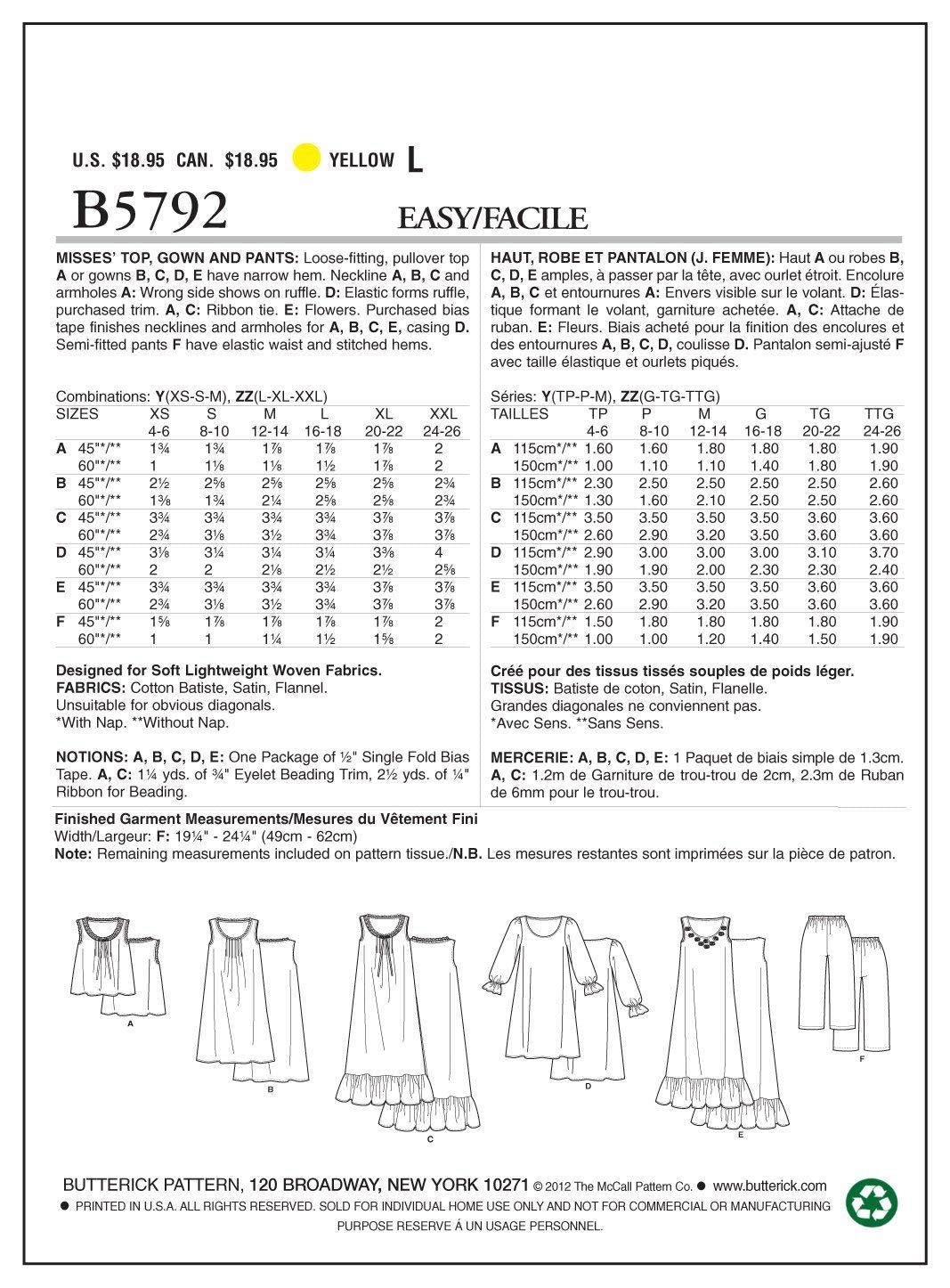 BUTTERICK PATTERNS B5792ZZ0 - Patrones de Costura para Camisas y Pantalones, Talla ZZ (LRG-XLG-XXL)