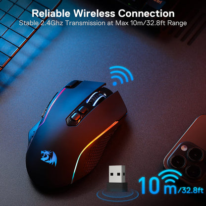 Redragon M810 Pro - Ratón inalámbrico para Juegos, 10000 dpi con Llave de Fuego rápido, 8 Botones Macro, Capacidad de Potencia Duradera de 45 Horas y retroiluminación RGB para PC/Mac/Laptop