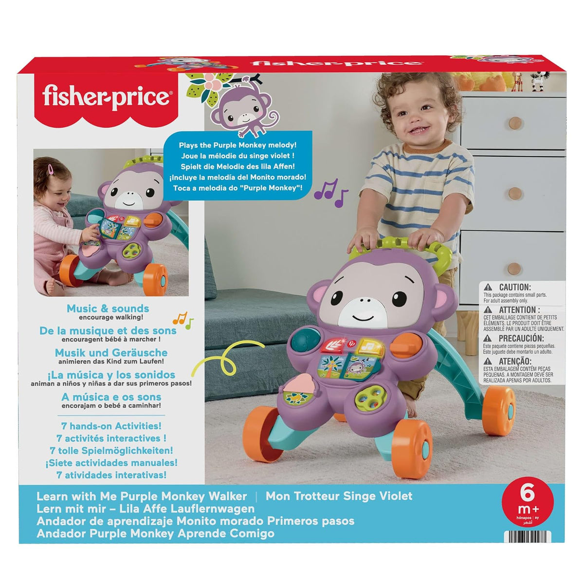 Fisher-Price Andadera Aprende Conmigo Amigo Mono 6+ Meses | Música y actividades interactivas, mango ergonómico y base de 4 ruedas