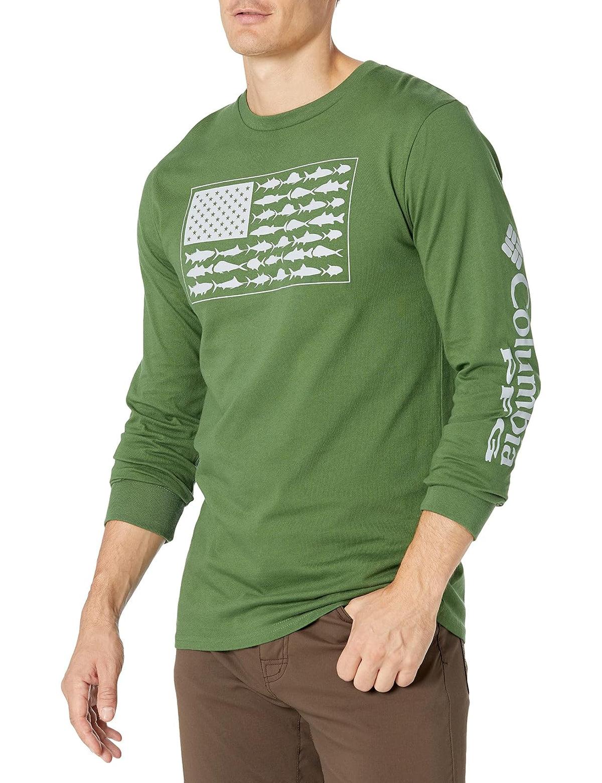 Columbia PFG Camiseta de Manga Larga para Hombre - Musgo con Cirrus Grey - G