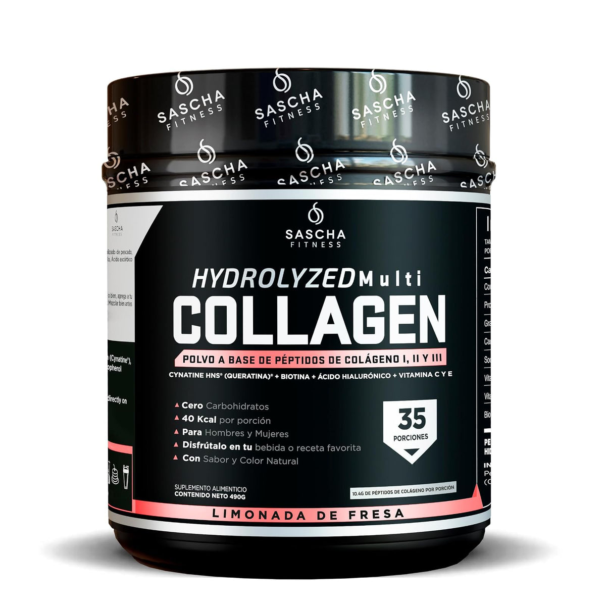Sascha Fitness Multi Colágeno Hidrolizado | Ácido Hialurónico | Biotina | Cynatine HNS | Vitamina C & E - Sabor Limonada de Fresa
