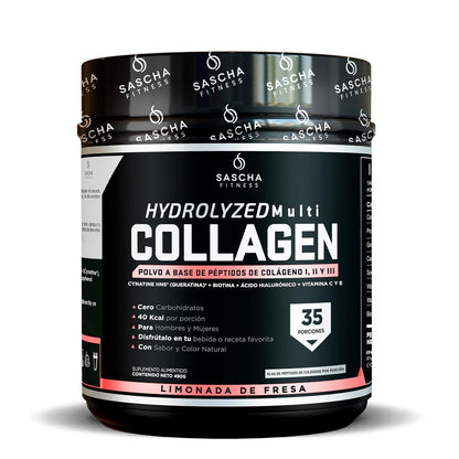 Sascha Fitness Multi Colágeno Hidrolizado | Ácido Hialurónico | Biotina | Cynatine HNS | Vitamina C & E - Sabor Limonada de Fresa