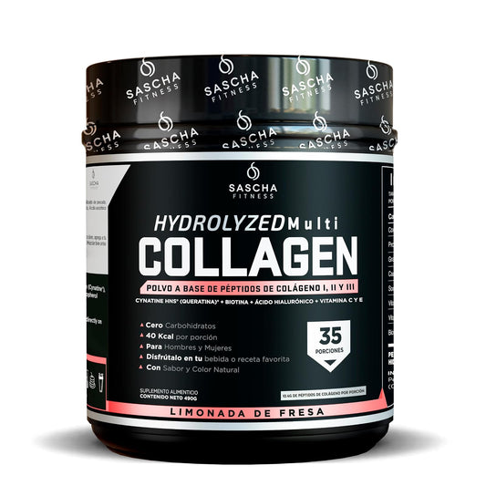 Sascha Fitness Multi Colágeno Hidrolizado | Ácido Hialurónico | Biotina | Cynatine HNS | Vitamina C & E - Sabor Limonada de Fresa