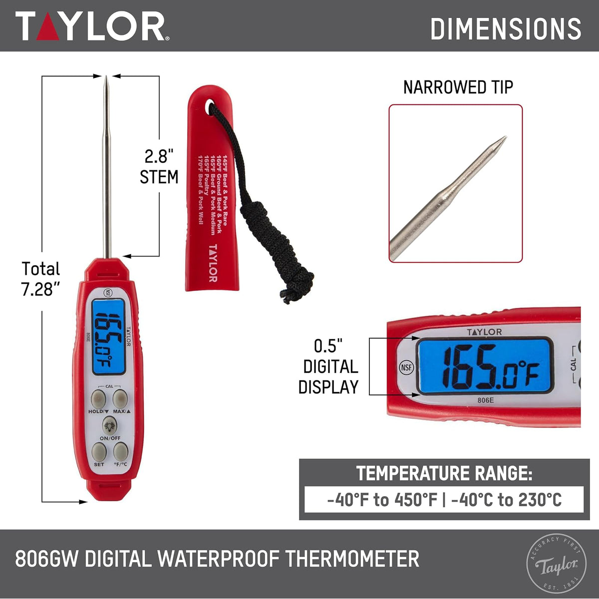 Taylor - Termómetro digital impermeable con luz de fondo azul brillante para cocina, carne, comida, parrilla, barbacoa cocina, rojo, estándar (806GW)