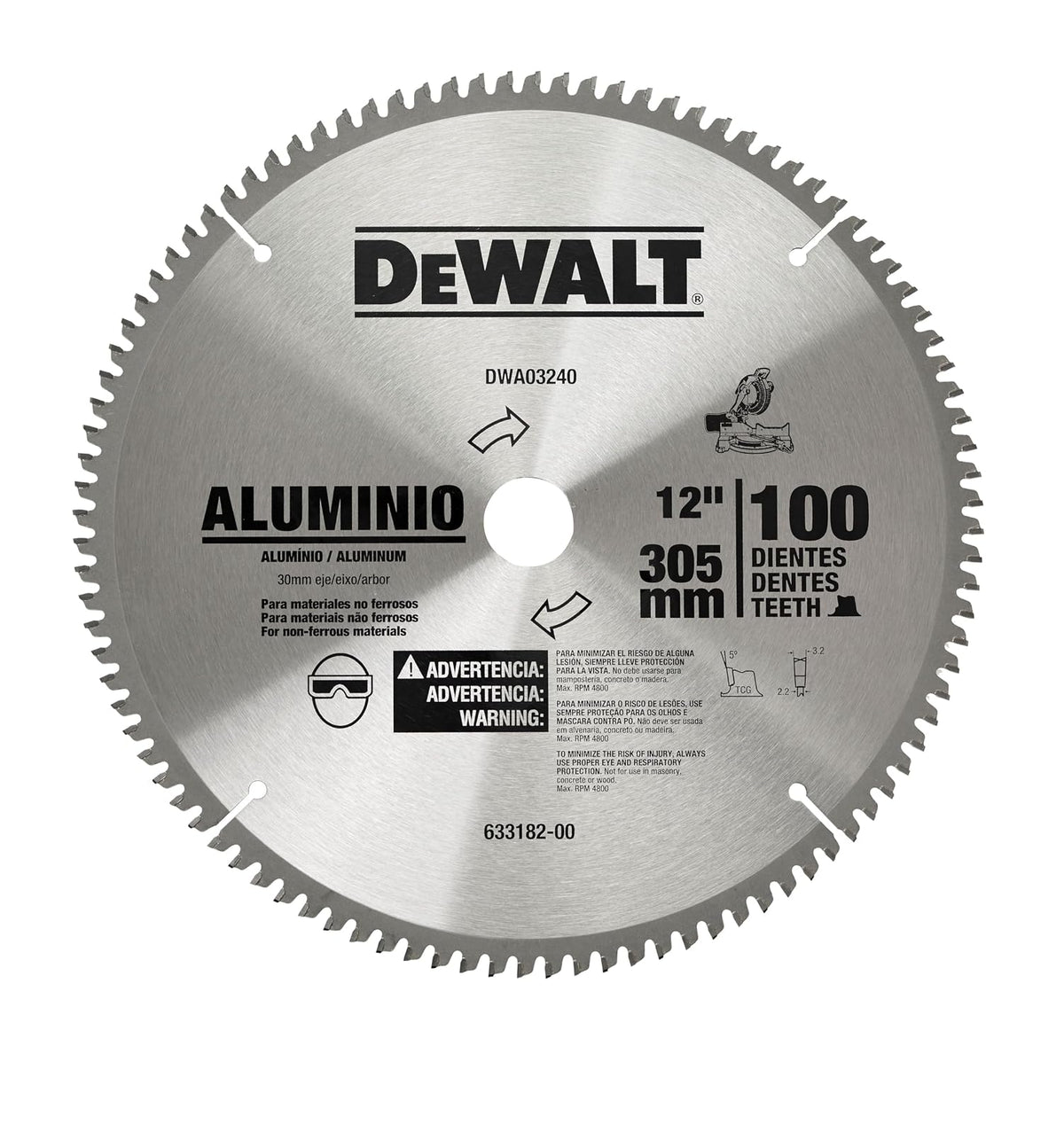 DEWALT Disco Sierra Circular para Aluminio 12" (300mm), 100D, DWA03240 | Disco de Sierra Circular para Aluminio 12" (300mm), 100 Dientes