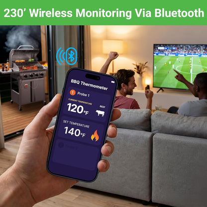 NutriChef Smart Bluetooth barbacoa termómetro w/pantalla digital - inoxidable Dual sondas seguro a dejar en al aire libre barbacoa carne ahumador - PWIRBBQ80