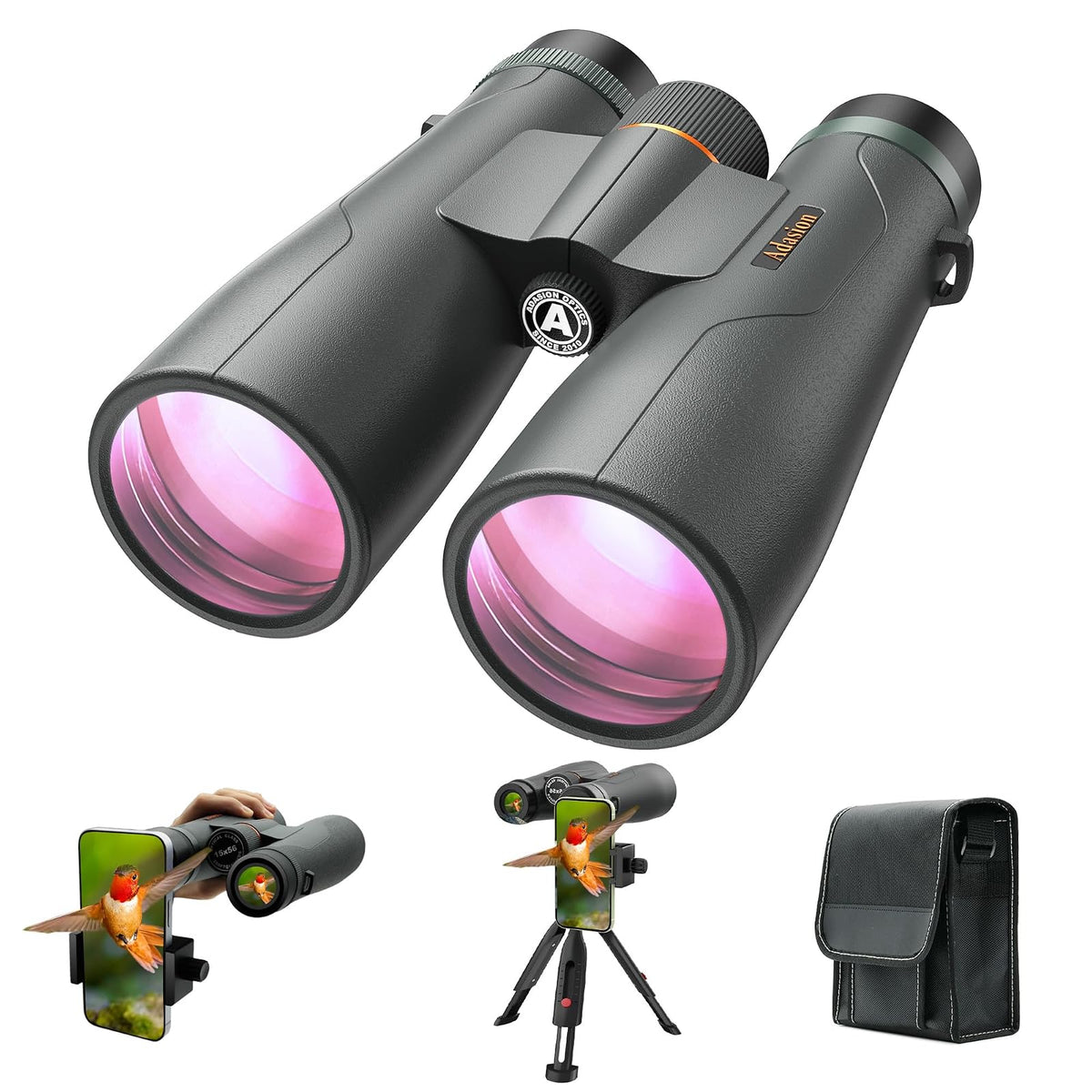 Adasion - Prismáticos UHD de 15 x 56 Pulgadas para Adultos de Alta Potencia con Adaptador de teléfono y trípode, prismáticos Impermeables BAK4 superpotentes para Caza, observación de Estrellas,