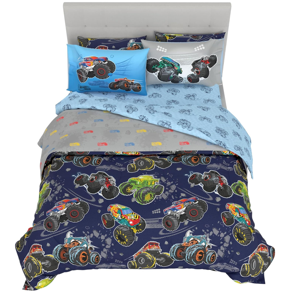 Franco Pokémon Juego de Ropa de Cama, 7 Piezas, Tamaño Matrimonial - 7 Piece Full Size - Hot Wheels X Monster Trucks