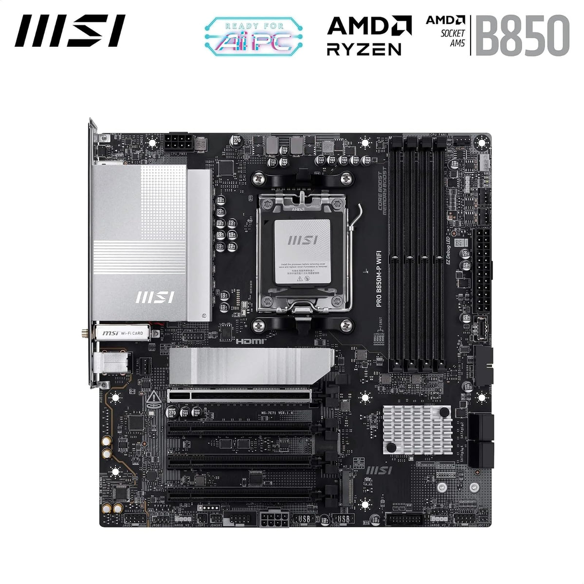 MSI Pro B850M-P WiFi Motherboard, ATX - Compatible con procesadores AMD Ryzen 9000/8000 / 7000, AM5 - DDR5 Memory Boost (8200+ MT/s OC), PCIe 5.0 x16 y 4.0 x16, M.2 Gen5, Wi-Fi 7, 5G LAN