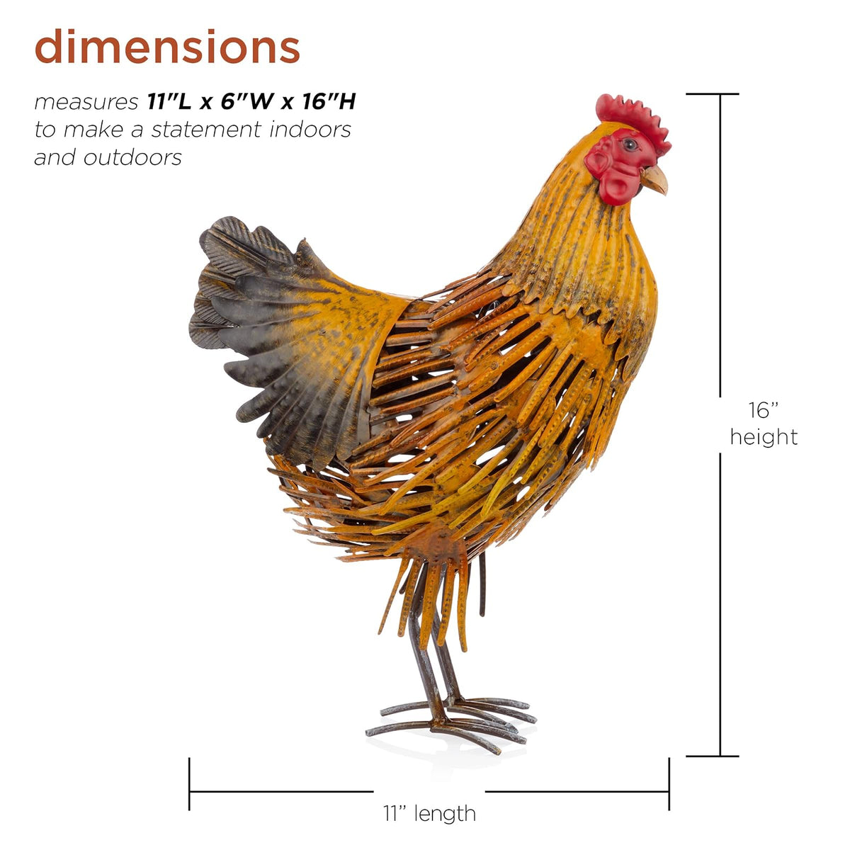 Alpine Corporation 16" H Indoor/Outdoor Metal Hen Decorative Garden Statue, Golden Brown