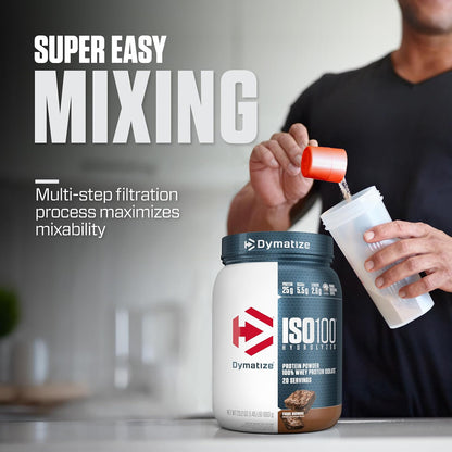 Dymatize ISO 100, Proteína Aislada de Suero Hidrolizada, Sabor Brownie, 640 g, 25 g Proteína por Porción, Sin Gluten, 20 porciones