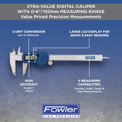 Fowler 54-101-150-2, Calibre digital Xtra-Value Cal con rango de medición de 0-6 pulgadas/150 mm, azul