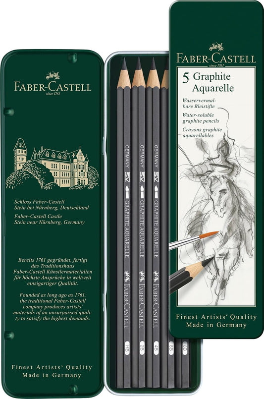 Faber-Castell Lápices de Grafito Acuarelables con 5 Lápices de Diferentes Graduaciones (HB, 2B, 4B, 6B, 8B), diseñados para ofrecer una amplia gama de efectos, intensidades y profundidades