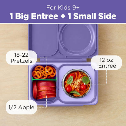 Omie OmieBox UP Bento Box para niños, lonchera aislada, tarro térmico de alimentos aislado al vacío a prueba de fugas, bolsa de hielo más fría, 2 compartimentos (morado galaxia)