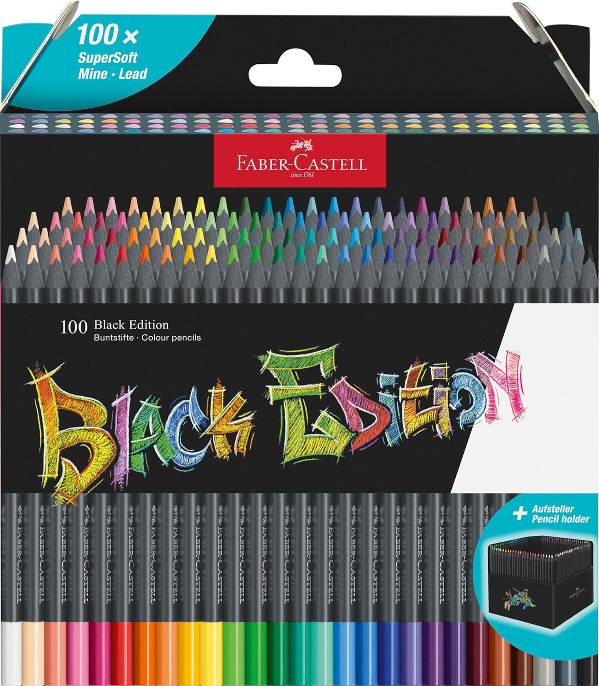 Faber-Castell Colores Supersoft Black Edition con 100 Diferentes Colores, cuenta con una mina supersuave y con una pigmentación fuerte resaltando tonos intensos sobre cualquier tipo de papel