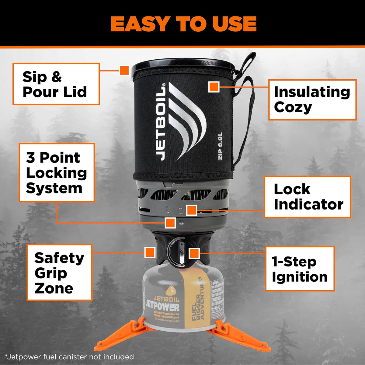 Jetboil - Estufa portátil de ebullición rápida con cierre de 0,8 l con botón de giro fácil para mochileros y camping, quemador de propano/isobutano con taza de cocina, carbono